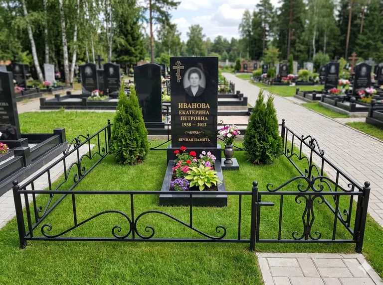 Зелёный газон на могильном участке в Рязани