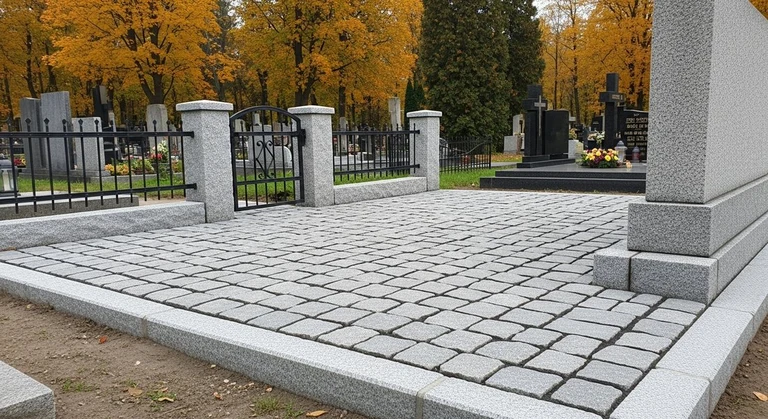 Благоустройство захоронений в Рязани — мощение гранитной плиткой, цоколь и ограда на ухоженном участке
