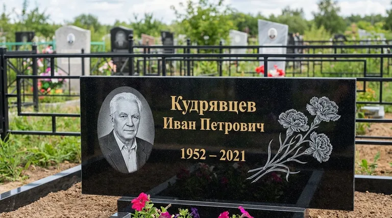 Памятник с гравировкой гвоздик — выполненная работа «Кудрявцев» в Рязани