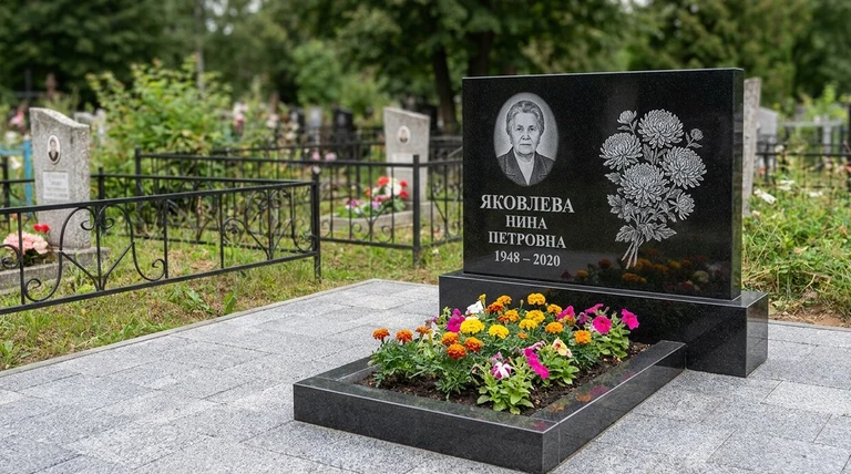 Гравировка хризантем на памятник в Рязани — пример работы на граните