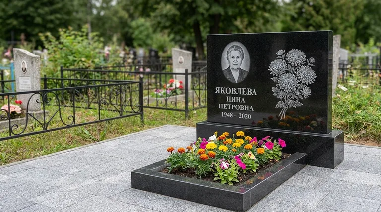 Памятник с гравировкой хризантем — выполненная работа «Соколов» в Рязани