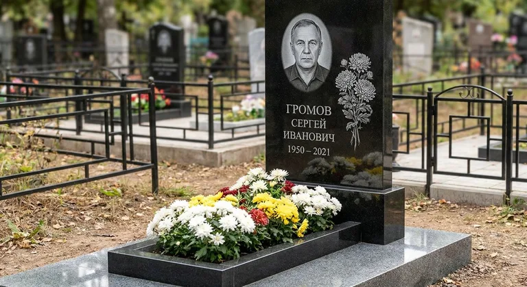 Памятник с гравировкой хризантем — выполненная работа «Громов» в Рязани