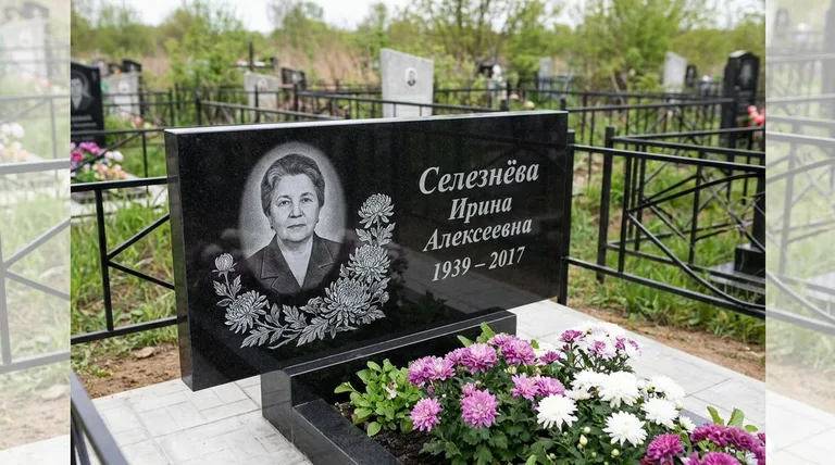Памятник с гравировкой хризантем — выполненная работа «Селезнёва» в Рязани