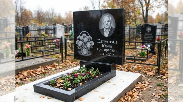 Памятник с гравировкой хризантем — выполненная работа «Капустин» в Рязани