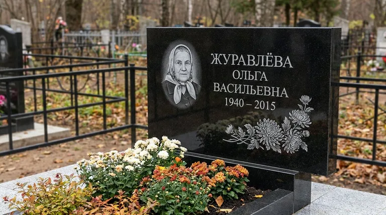 Памятник с гравировкой хризантем — выполненная работа «Журавлёва» в Рязани