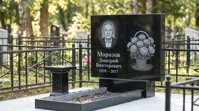 Памятник с гравировкой хризантем — выполненная работа «Морозов» в Рязани