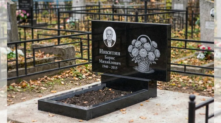 Памятник с гравировкой хризантем — выполненная работа «Никитин» в Рязани