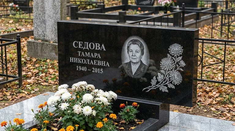 Памятник с гравировкой хризантем — выполненная работа «Седова» в Рязани