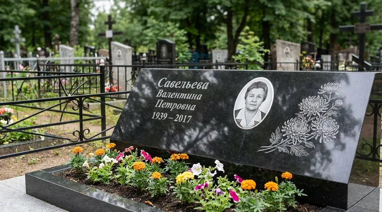 Памятник с гравировкой хризантем — выполненная работа «Савельева» в Рязани