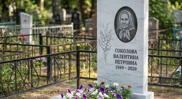Памятник с гравировкой ландышей — выполненная работа «Соколова» в Рязани