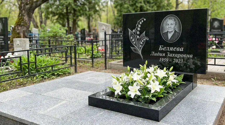 Памятник с гравировкой ландышей — выполненная работа «Беляева» в Рязани