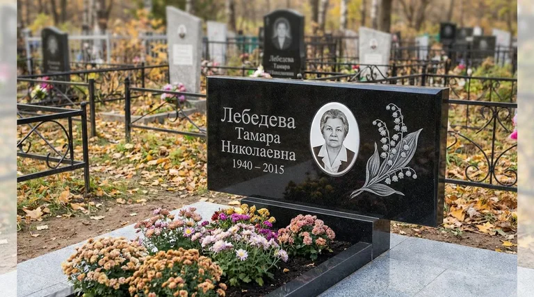 Памятник с гравировкой ландышей — выполненная работа «Лебедева» в Рязани