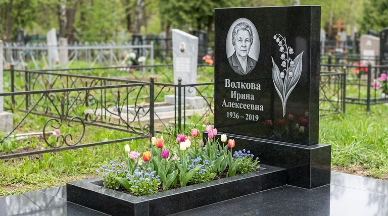 Памятник с гравировкой ландышей — выполненная работа «Волкова» в Рязани