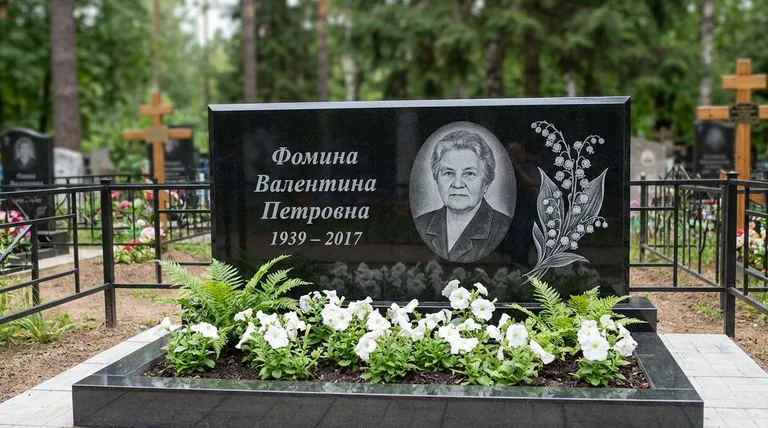 Памятник с гравировкой ландышей — выполненная работа «Фомина» в Рязани