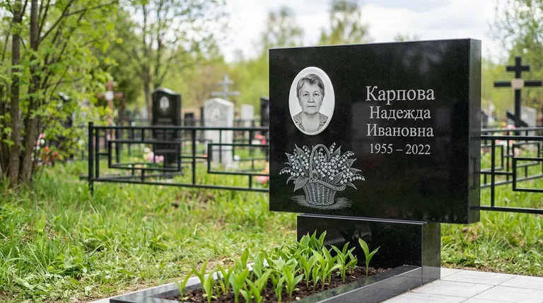Памятник с гравировкой ландышей — выполненная работа «Карпова» в Рязани