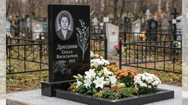 Памятник с гравировкой ландышей — выполненная работа «Дроздова» в Рязани