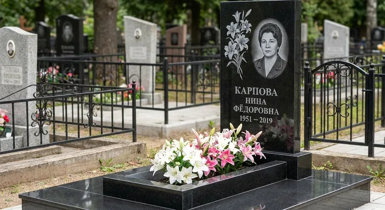 Памятник с гравировкой лилий — выполненная работа «Карпова» в Рязани