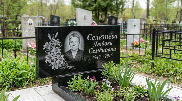 Памятник с гравировкой лилий — выполненная работа «Селезнёва» в Рязани