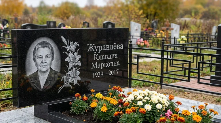Памятник с гравировкой лилий — выполненная работа «Журавлёва» в Рязани
