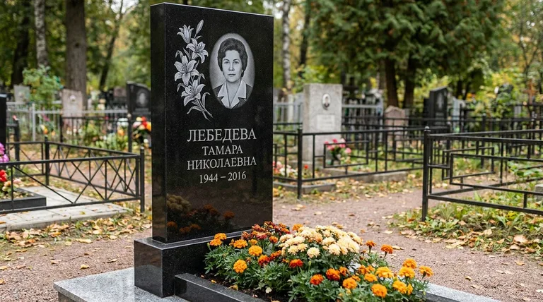 Памятник с гравировкой лилий — выполненная работа «Лебедева» в Рязани