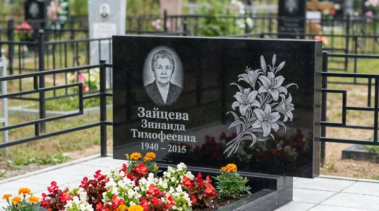 Памятник с гравировкой лилий — выполненная работа «Зайцева» в Рязани