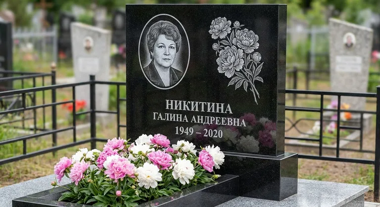 Памятник с гравировкой пионов — выполненная работа «Никитина» в Рязани