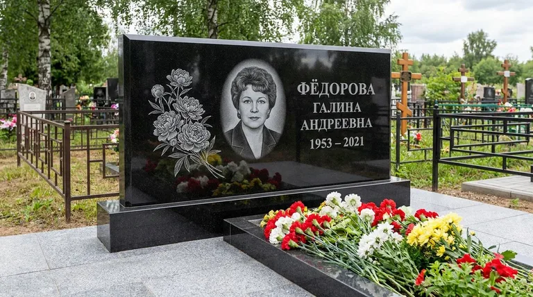 Памятник с гравировкой пионов — выполненная работа «Фёдорова» в Рязани