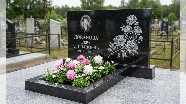 Памятник с гравировкой пионов — выполненная работа «Лобанова» в Рязани