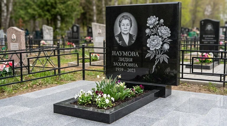Памятник с гравировкой пионов — выполненная работа «Наумова» в Рязани