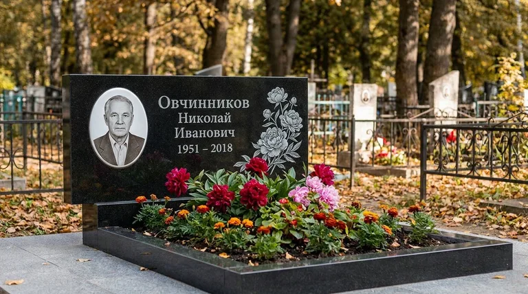 Памятник с гравировкой пионов — выполненная работа «Овчинников» в Рязани