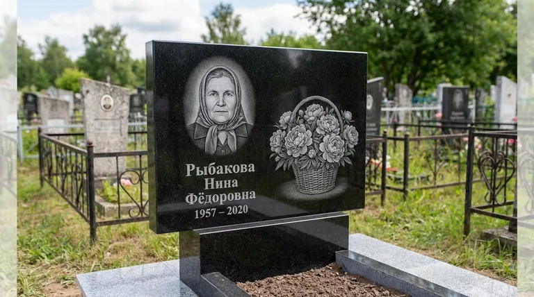 Памятник с гравировкой пионов — выполненная работа «Рыбакова» в Рязани