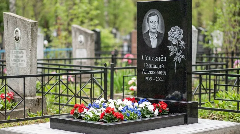 Памятник с гравировкой пионов — выполненная работа «Селезнёв» в Рязани
