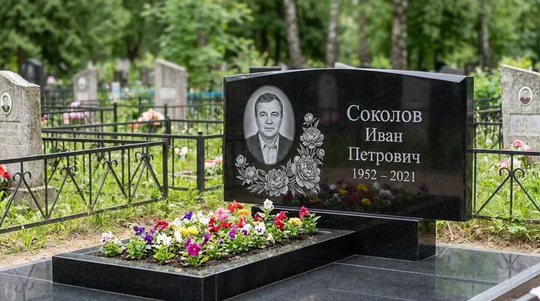 Памятник с гравировкой пионов — выполненная работа «Соколов» в Рязани