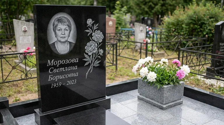 Памятник с гравировкой пионов — выполненная работа «Морозова» в Рязани