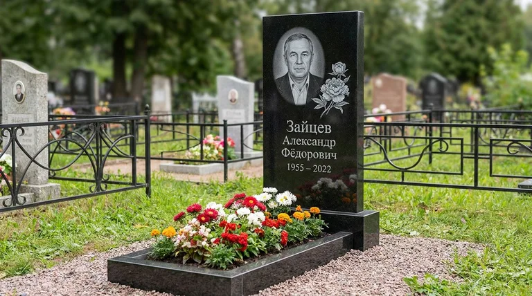 Памятник с гравировкой пионов — выполненная работа «Зайцев» в Рязани