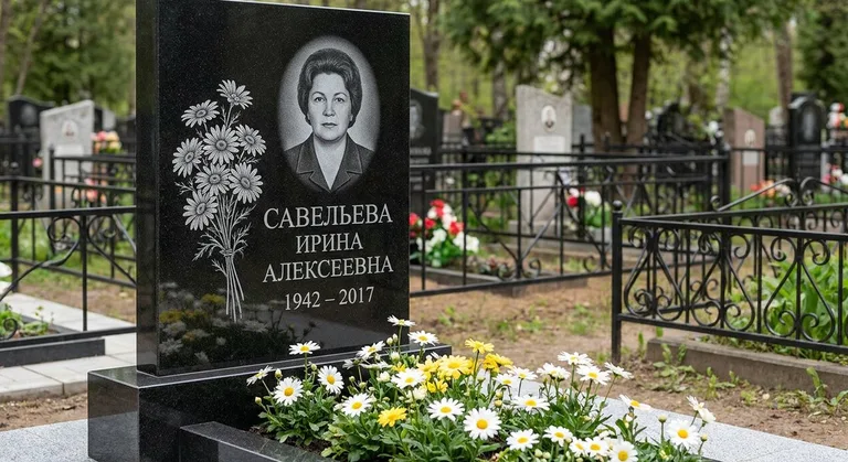 Памятник с гравировкой ромашек — выполненная работа «Савельева» в Рязани