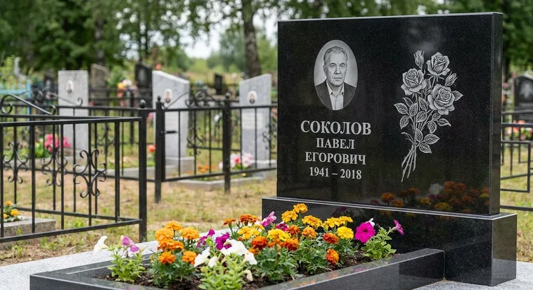 Памятник с гравировкой роз — выполненная работа «Соколов» в Рязани