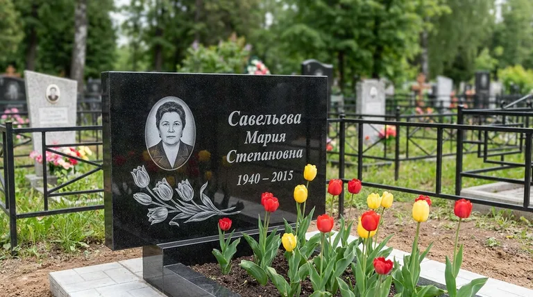 Памятник с гравировкой тюльпанов — выполненная работа «Савельева» в Рязани