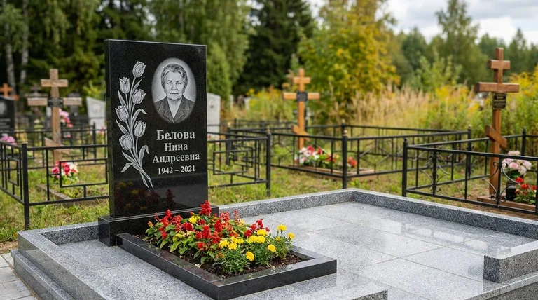 Памятник с гравировкой тюльпанов — выполненная работа «Белова» в Рязани
