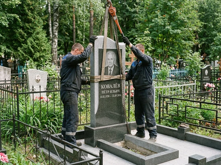 Демонтаж памятника на кладбище в Рязани — бригада аккуратно снимает старый гранитный памятник с могилы