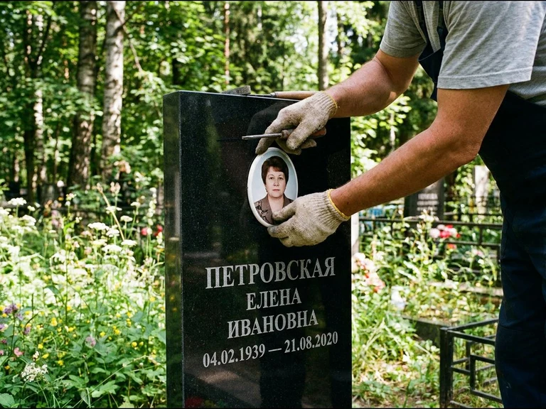 Фото на керамике на памятник в Рязани — мастер устанавливает овальный керамический портрет на гранитный памятник