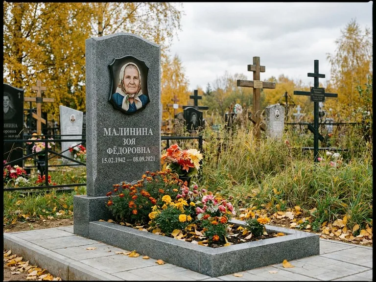 Чёрно-белый керамический портрет на памятнике в Рязани