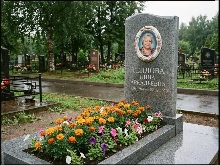Керамический портрет на памятнике с цветами в Рязани