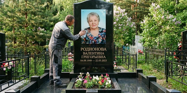 Фотокерамика и печать фото на памятник в Рязани — мастер устанавливает цветной портрет на стекле на гранитный памятник