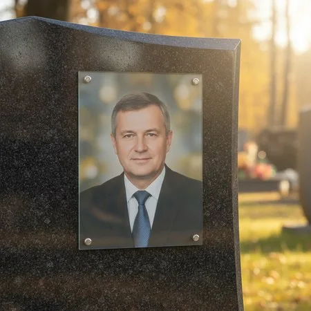 Портрет на стекле на держателях на чёрном граните в Рязани