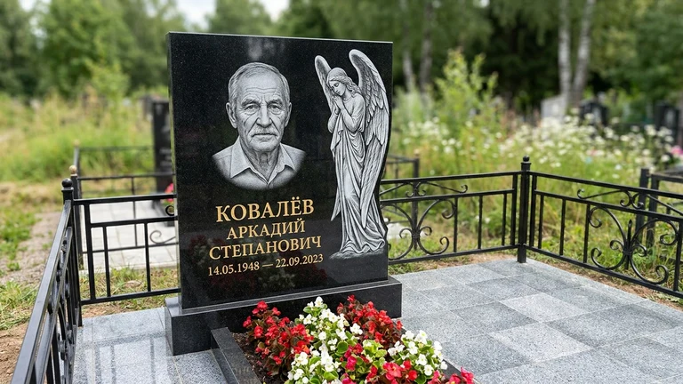 Гравировка ангела на памятник в Рязани — памятник из чёрного гранита с гравировкой