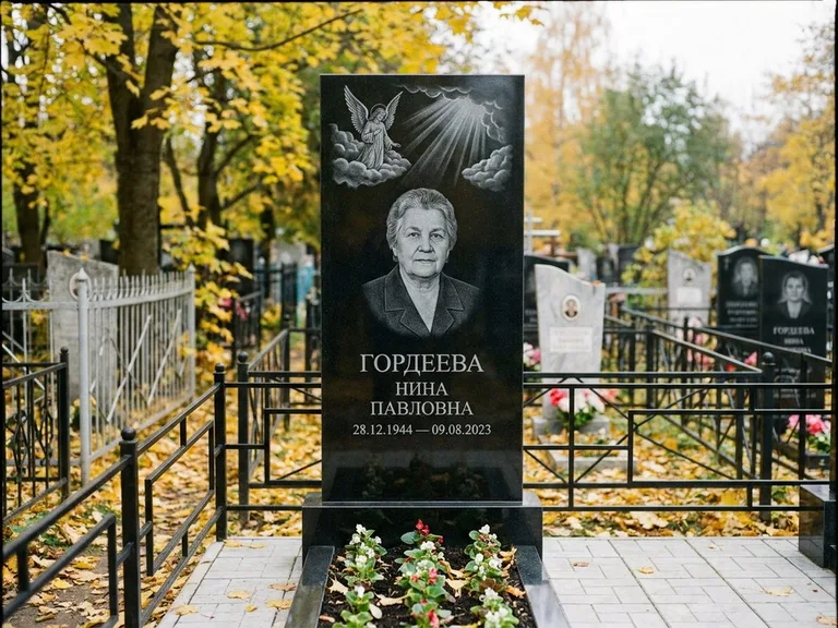 Памятник с гравировкой ангела — гравировка ангела в облаках с лучами над портретом, работа «Гордеева» в Рязани