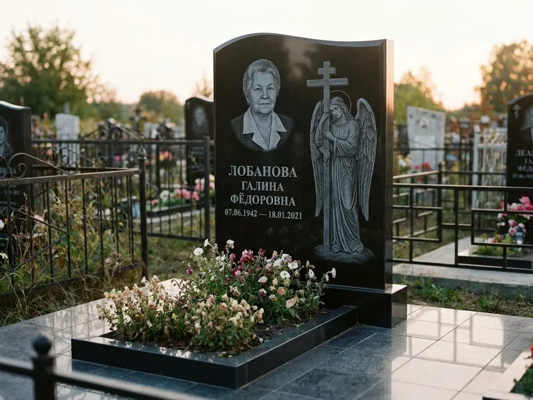 Памятник с гравировкой ангела — гравировка ангела с крестом рядом с эпитафией, работа «Лобанова» в Рязани