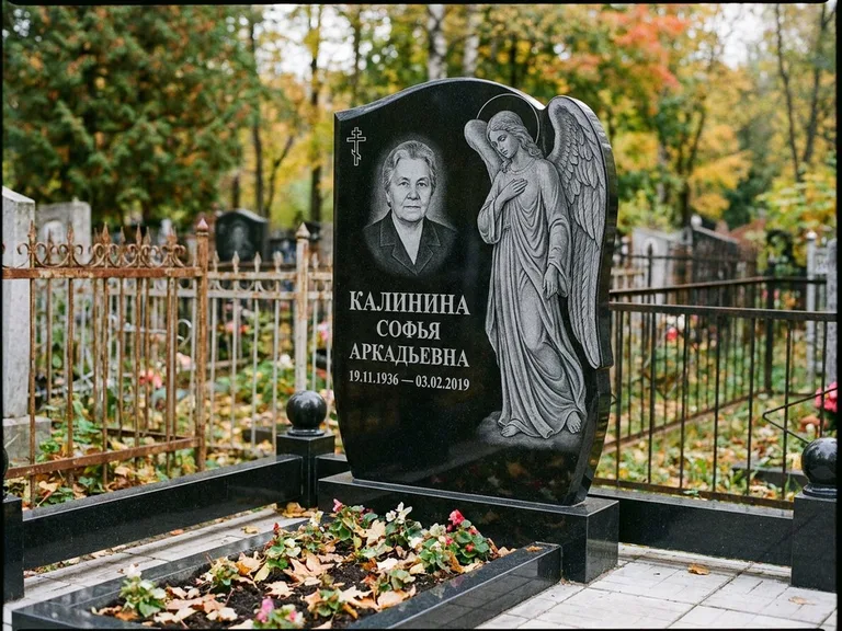 Памятник с гравировкой ангела — гравировка ангела с крестом рядом с эпитафией, работа «Игнатова» в Рязани
