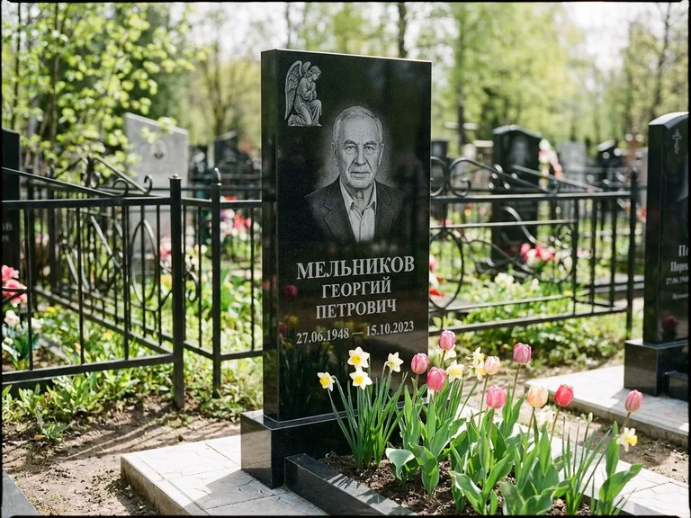 Памятник с гравировкой ангела — гравировка ангела с голубем по диагонали стелы, работа «Доронин» в Рязани